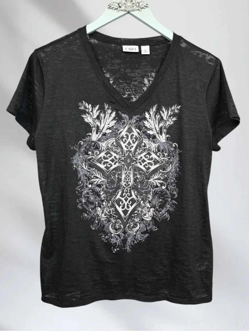 Cato Black V-Neck Tee with Ornate Silver Cross Graphic